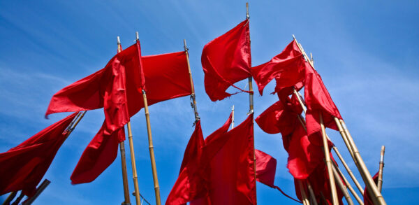 Several red flags on wooden poles against a clear blue sky serve as a visual reminder of what not to do when selling your WordPress agency.